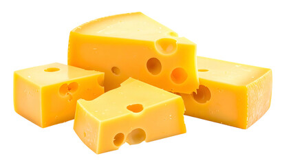 Five cut pieces of bright yellow cheese with holes, isolated on a black background