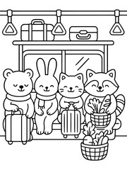 Cute Animals Journey: Charming cartoon animals, each with its own suitcase and basket of vegetables, happily embark on a delightful travel adventure, bringing smiles with every step.