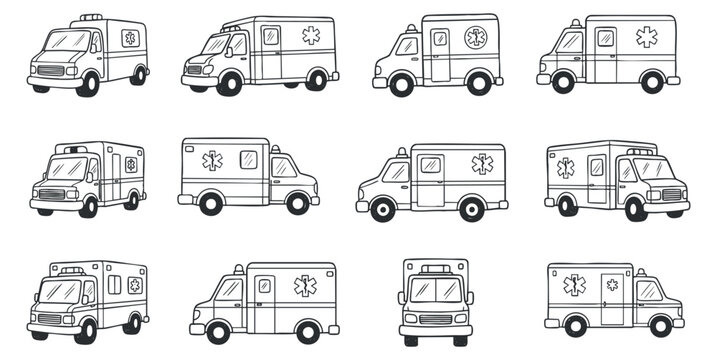 A collection of ambulance vehicles in black and white outline vector style, ideal for healthcare and emergency services design