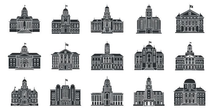 A collection of detailed government building illustrations in monochrome vector style, ideal for urban design projects and civic branding