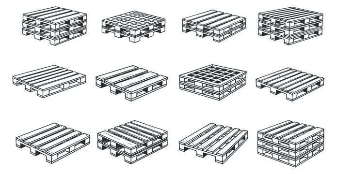 A collection of wooden pallets in minimalist outline vector style, suitable for logistics and storage design projects