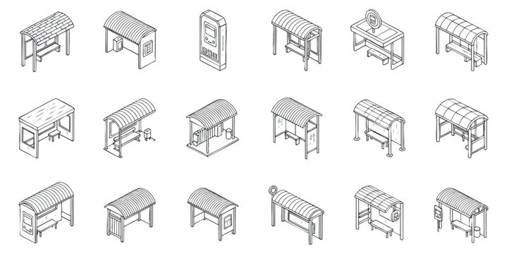 A collection of various bus stop shelters in clean outline vector style, suitable for urban design projects and transportation graphics