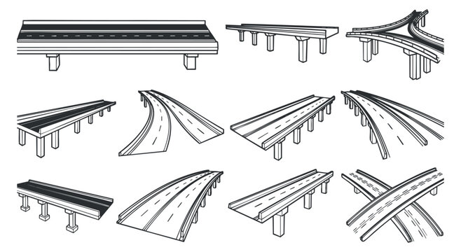 A collection of various road and highway illustrations in black and white line art vector style, suitable for urban planning and design projects