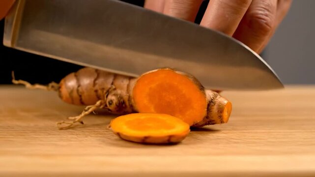 Hands hold knife cutting turmeric root on wooden board. Close-up food preparation shot
