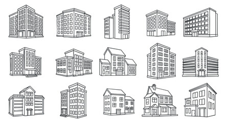 A collection of various building outlines in minimalist black and white vector style, suitable for architectural design projects