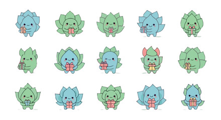 Obraz premium Adorable plant-like creatures holding festive gift boxes