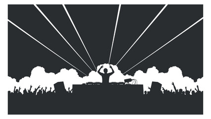 A silhouette of a DJ performing on stage with hands raised, in black and white vector style, ideal for music event promotions
