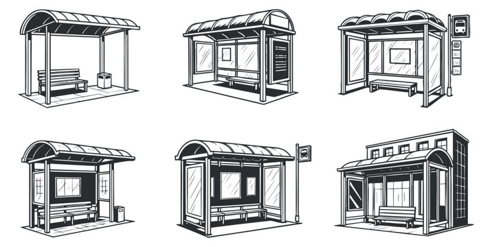 A set of six bus stop shelters in black and white outline vector style, perfect for urban design projects