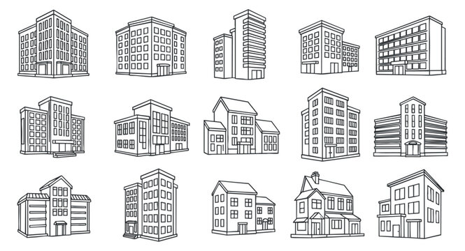 A collection of various building outlines in minimalist black and white vector style, suitable for architectural design projects