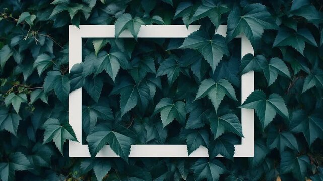 A minimalist white square frame overlaid on a dense backdrop of dark green ivy leaves, creating a natural, abstract composition