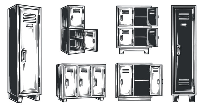 A collection of various locker designs in hand-drawn black and white vector style, suitable for school or gym branding