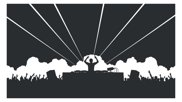 A silhouette of a DJ performing on stage with hands raised, in black and white vector style, ideal for music event promotions