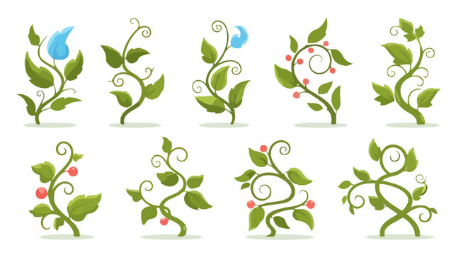Set of Cartoon Green Plant Vines with Leaves, Flowers, and Berries for Game Design