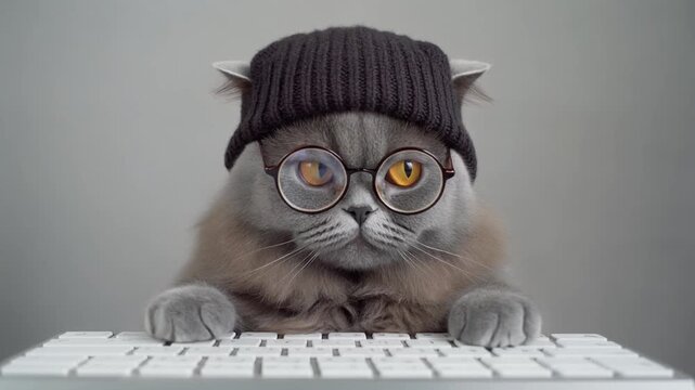 A studious and charming fluffy cat, donning a knit beanie and round glasses, humorously interacts with a computer keyboard, portraying a whimsical and clever animal persona