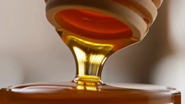 Drops of golden honey flow gently from the lip of the bottle, forming an alluring curve of glass as light slips through each flake.