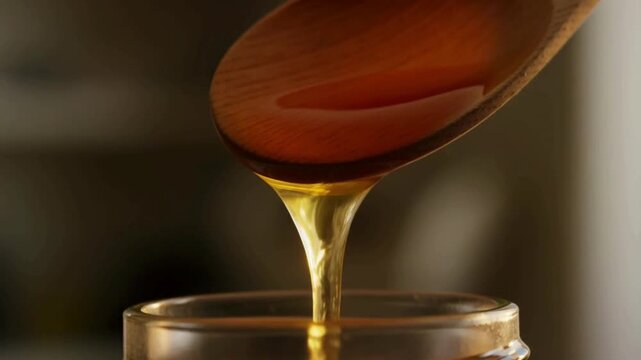 Drops of wild honey swayed in the air with the wooden spoon before finally falling, marking a moment of silence filled with sweet warmth.