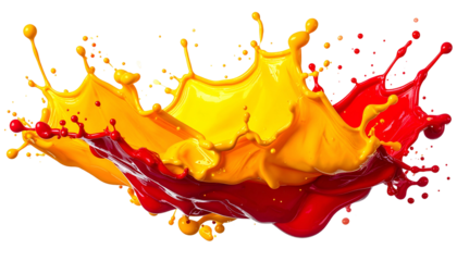 Dynamic splash of vibrant yellow and red paint against a stark black background