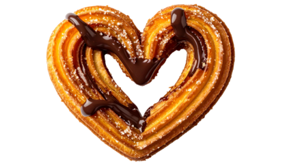 Heart-shaped fried pastry drizzled with dark chocolate and dusted with powdered sugar