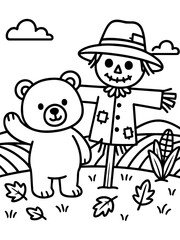 Fototapeta premium Bear and Scarecrow friendship: A charming bear and scarecrow share a sweet friendship amidst a rustic countryside scene. capturing the joy and warmth of autumn.