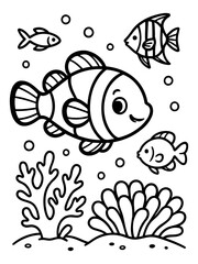 Underwater Symphony: Dive into a whimsical illustration depicting the beauty of underwater life. A group of playful fish swim amidst a vibrant coral reef, all in black outline. 