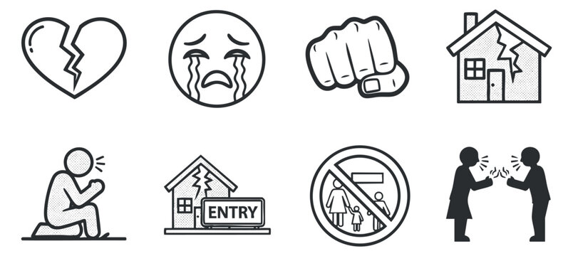 Domestic violence and family conflict icons in black and white line style, vector illustration isolated on transparent background