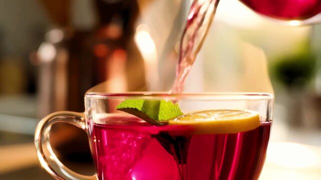 A cup of warm tea is slowly poured from the teapot into the glass, thin steam rising in soft patterns in the air.