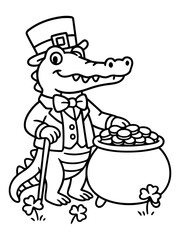 Lucky Alligator and Treasure: An illustration of a dapper alligator wearing a top hat, holding a cane, and standing beside a pot of gold coins in a festive celebration.