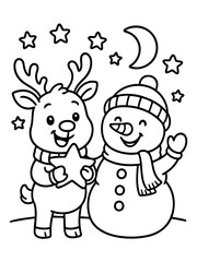 Fototapeta premium Wintertime Friends: A whimsical illustration of a friendly reindeer and a charming snowman, sharing a starlit night together and promoting the joy of the holiday season. 
