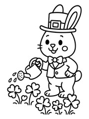 Fototapeta premium The Garden Rabbit's Charm: A delightful cartoon rabbit tending to a bed of four-leaf clovers, symbolizing growth and renewal. A symbol of springtime and the charm of simple joys.