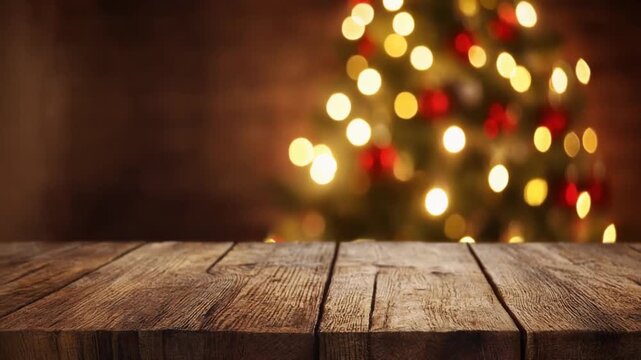 Empty rustic wooden table surface with a warm, blurred festive background featuring glowing bokeh lights, perfect for seasonal product displays or holiday designs