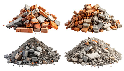 Four separate piles of construction debris, bricks, and concrete, isolated on black