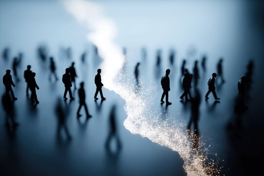 partially blurred Silhouetted figures navigate around glowing fissure symbolizing societal division and human separation.