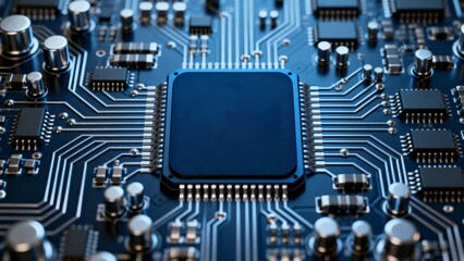 Close-up of a microprocessor on a printed circuit board with intricate copper traces and electronic components
