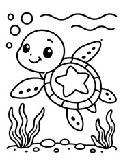Fototapeta premium Oceanic Explorer: A charming, friendly turtle glides serenely through the aquatic realm. Joyful bubbles dance around as it swims peacefully alongside seaweed and enjoys its underwater adventure.