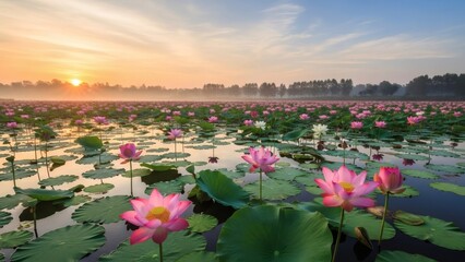 Beautiful Sunrise Over Vast Pink Lotus Lake with Morning Mist and Sunlight