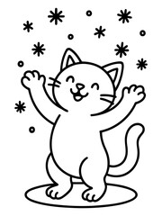 Fototapeta premium Winter's Playful Companion: A cheerful cartoon cat frolics joyfully amidst a cascade of snowflakes, capturing the innocence of winter.