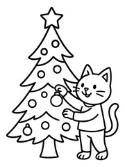 Fototapeta premium Festive Feline: A charming cat decorates a Christmas tree, radiating the joy and anticipation of the holiday season, complete with twinkling lights and colorful ornaments.
