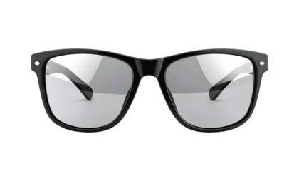 Black-rimmed, rectangular-frame eyeglasses, face-on, with reflective lenses against black