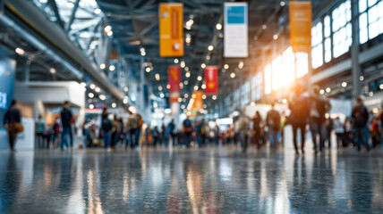 Obraz premium A bustling trade show floor, filled with attendees, creating a vibrant, busy atmosphere under bright lights and colorful banners.