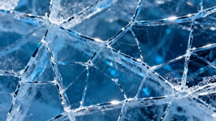 Close-up of cracked ice with intricate fracture patterns and reflective blue tones