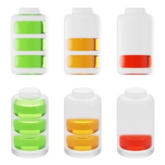 3D Battery Charge Level Icon Set Full Half and Low Battery