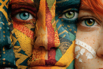 Colorful women face collage. Generative AI.