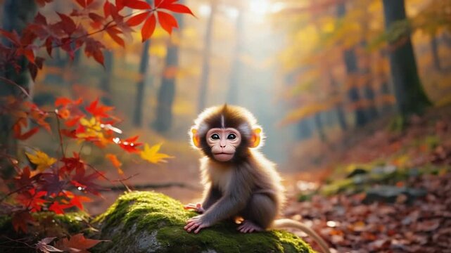 Adorable monkey sitting on mossy rock in vibrant autumn forest