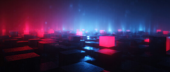 Abstract digital landscape with glowing red and blue cubes on a dark grid, futuristic cyberpunk-inspired 3D rendering with neon lighting and modern minimalist design.