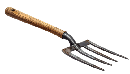 A rustic garden pitchfork with a wooden handle, tines pointed right, on a black backdrop