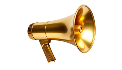 Gleaming, golden megaphone on a black background, angled right, showcasing its metallic luster