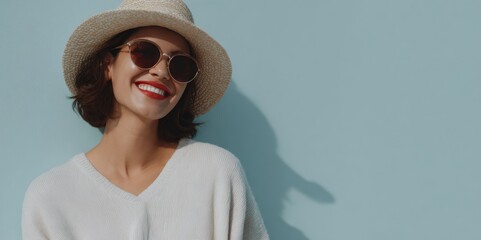 Woman wearing a straw hat and sunglasses is smiling