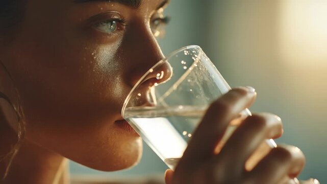 Close up of a young woman drinking a refreshing glass of water, highlighting healthy hydration and glowing skin. The soft sunlight creates a serene and peaceful atmosphere