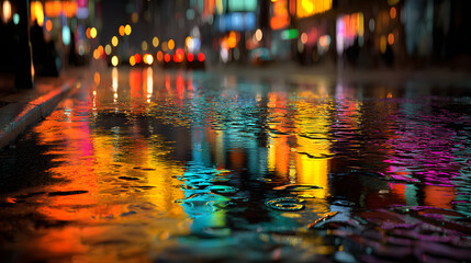 A city street with neon lights and rain