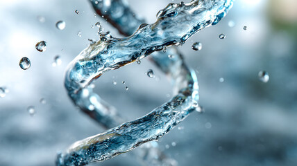 Dynamic water formation, sculpted into a spiraling shape, droplets suspended in air. A mesmerizing display of fluidity and motion.